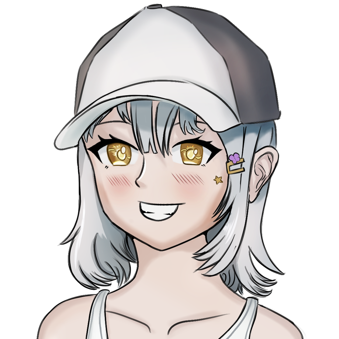A drawing of a smiling girl with silver hair and wearing a cap