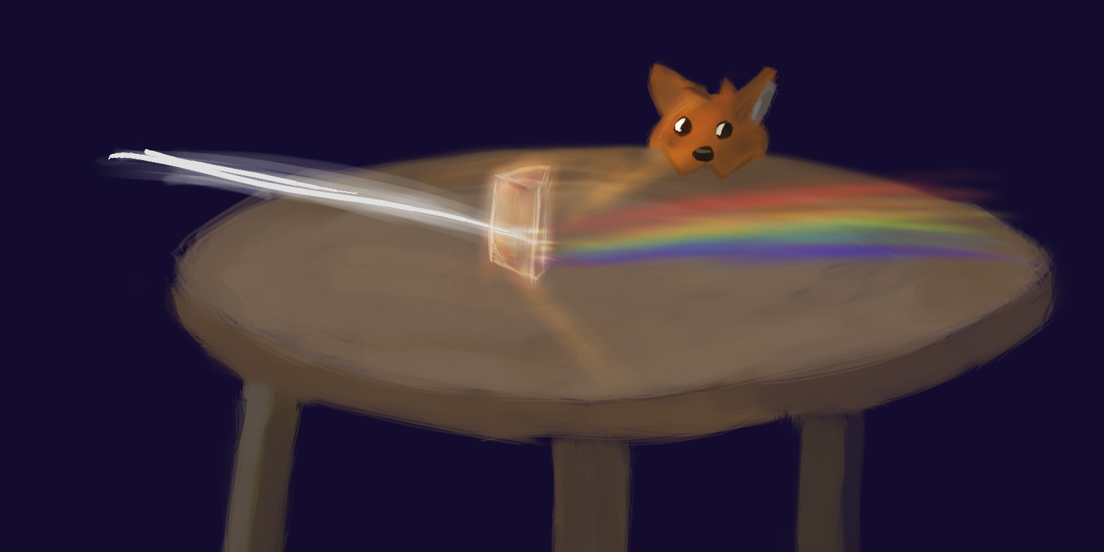 A digital painting of a blob-like fox holding onto a table and observing light passing through a prism