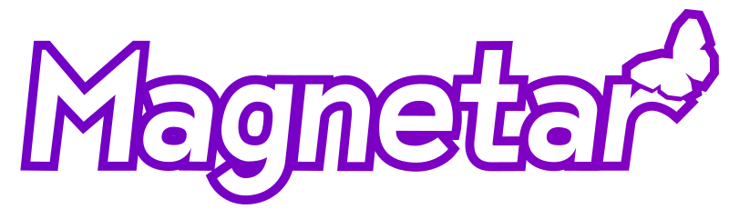 Sans serif logotype of Magnetar, with a butterfly sitting on the last letter