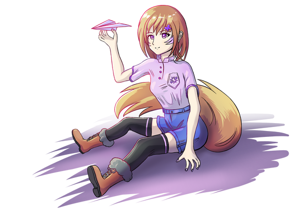 A digital drawing of the Magnetar mascot, Nova. A foxgirl with orange hair holding a paper airplane.