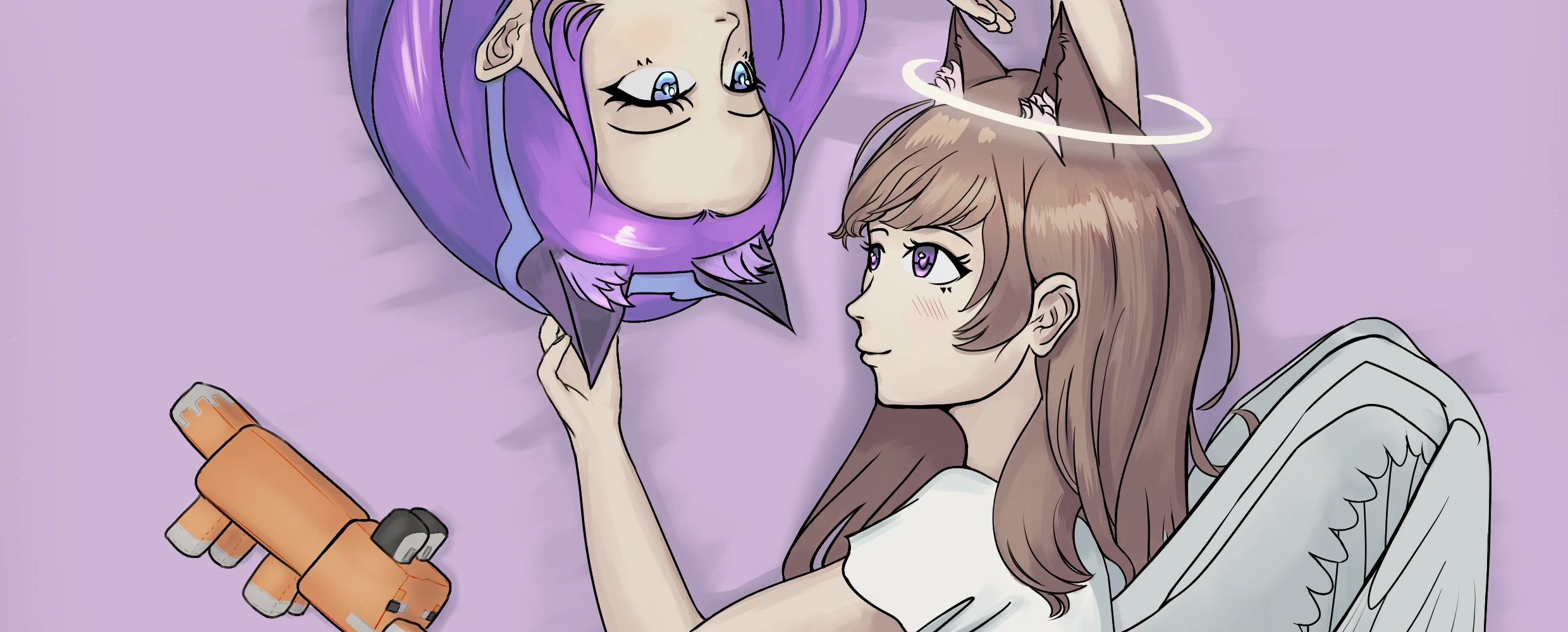 A drawing of Pola lying in bed opposite to our wife, Luna