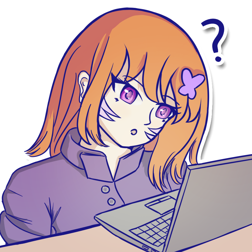 A digital drawing of the Magnetar girl staring at a laptop in confusion