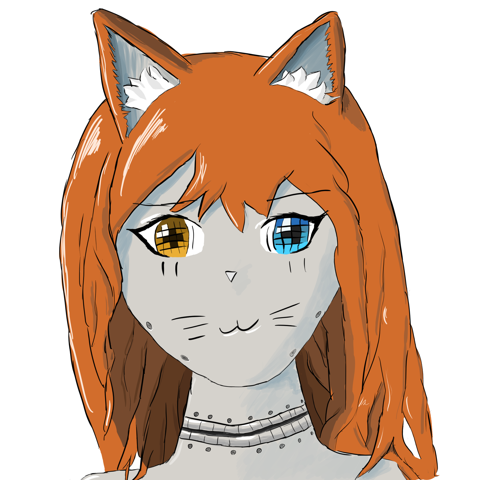 A drawing of a robot girl with animals ears and heterochromatic pixelated eyes