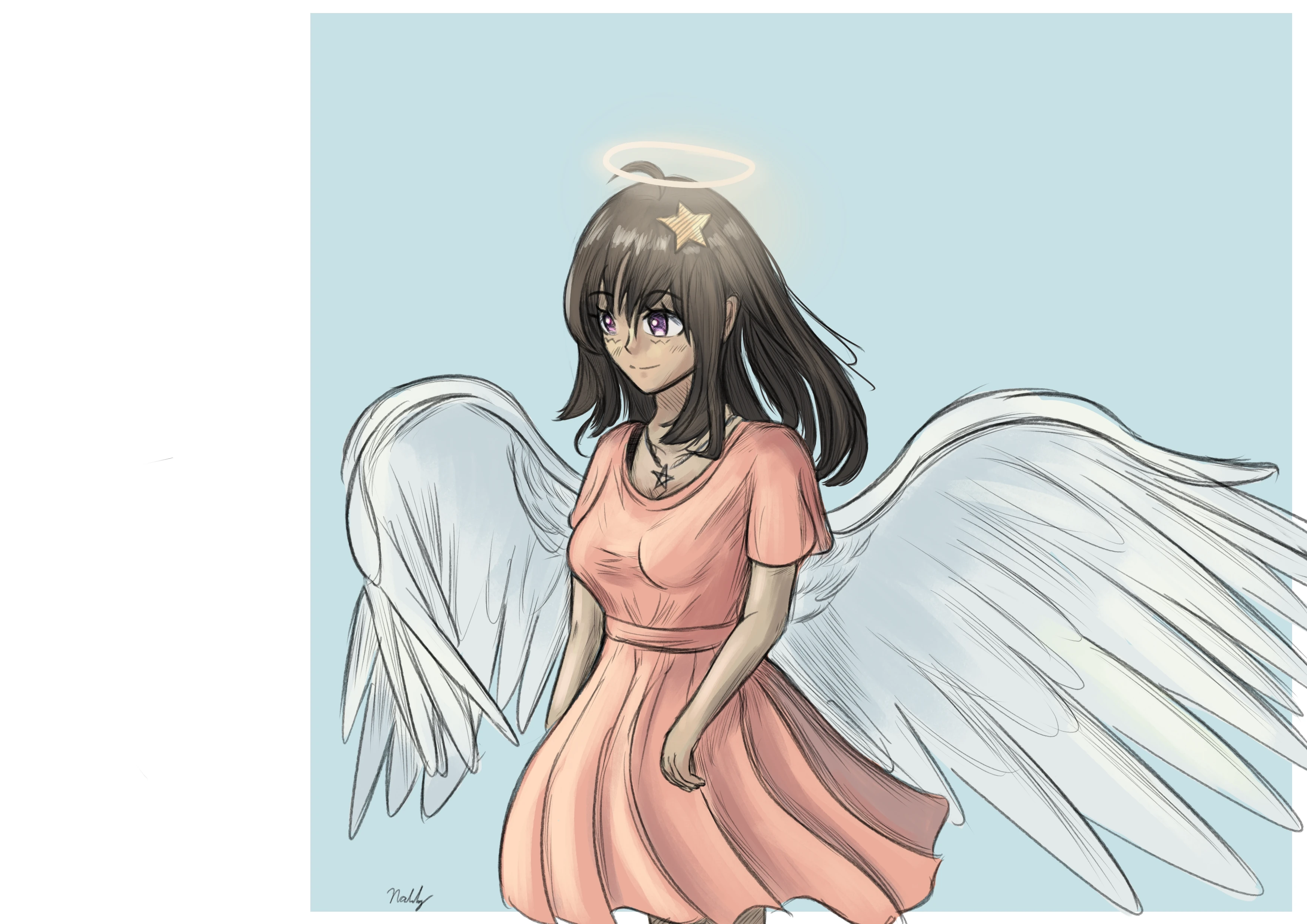 A digital drawing of a tan angel girl standing and looking to the side with her head slightly tilted downwards; she is wearing a golden 5-pointed star in her hair, her salmon-colored dress and dark straight hair are blown by the wind, and she's illuminated by golden light coming from her halo.