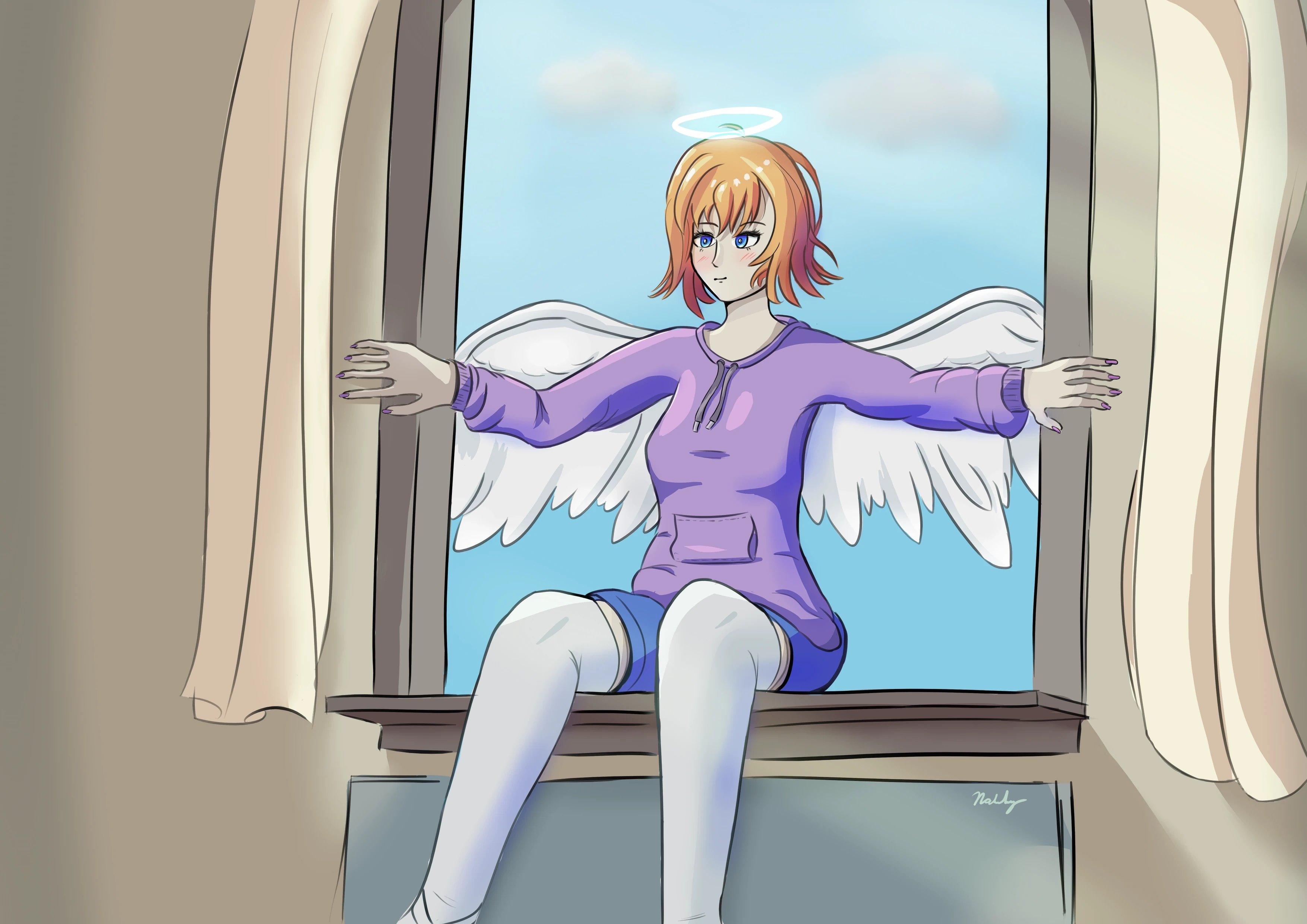 A digital drawing of an angel dangerously sitting on a windowsill, she has orange hair and is wearing a baggy purple hoodie, blue shorts, and white thigh-highs