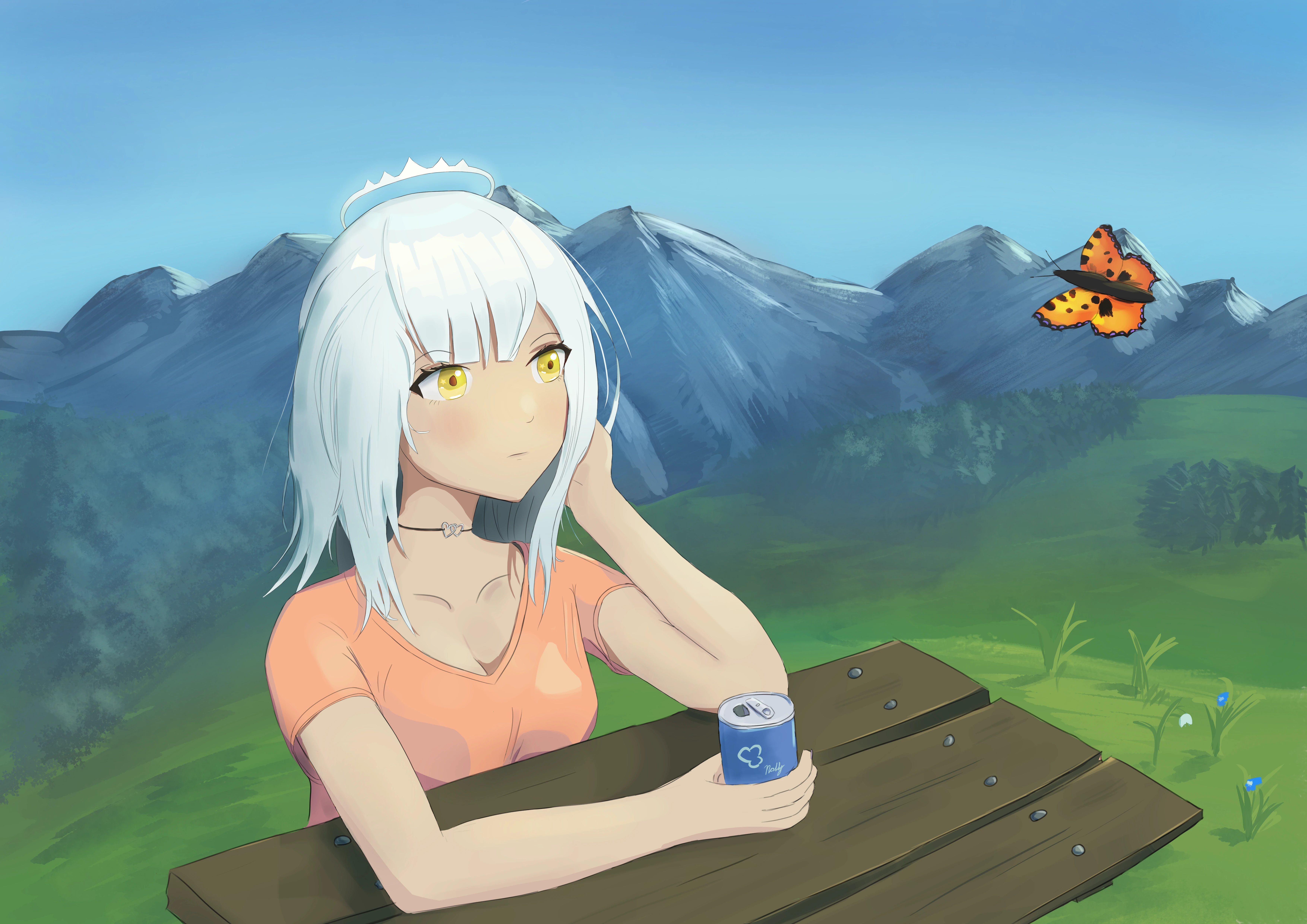 A digital drawing of a girl with a halo observing a butterfly as she is sitting at a bench in the mountains.

She is holding a beverage can and has silver hair and yellow eyes.