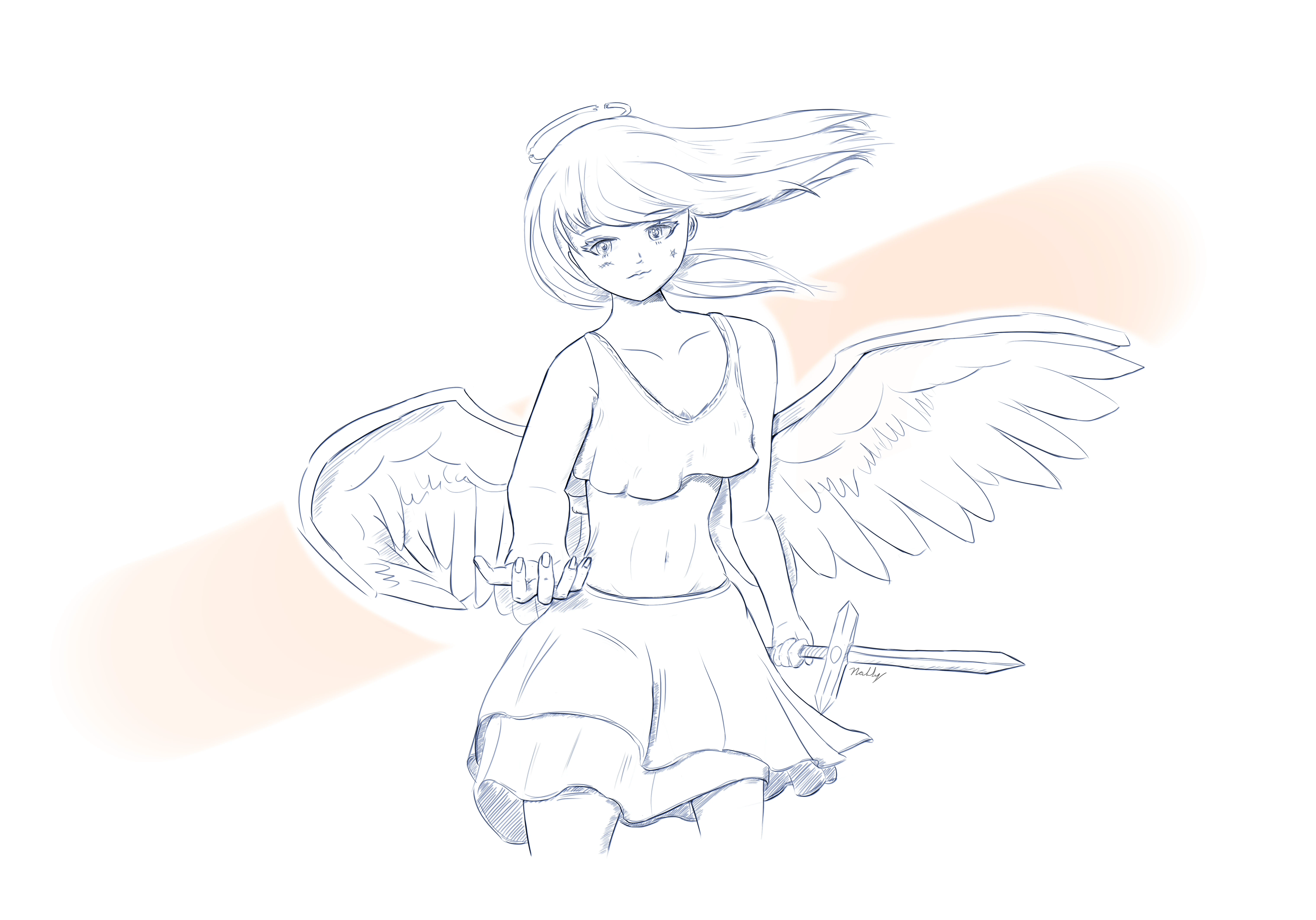 A digital drawing of a broken angel girl, holding a sword and reaching out to the viewer with her right hand.

She is wearing very light clothes and her halo is broken. There's a pentagram mark on her cheek.