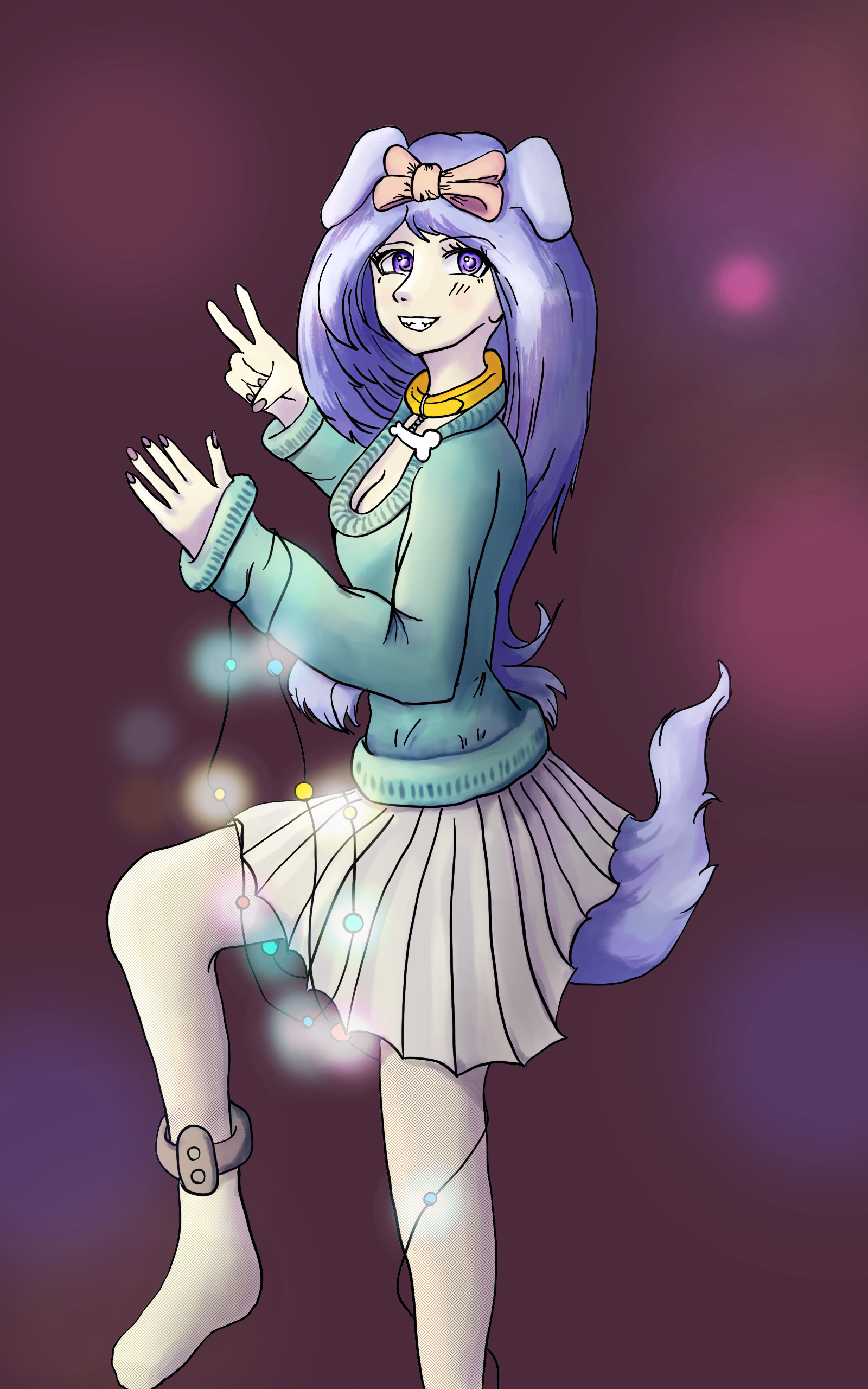 A digital drawing of a puppy posing excitedly while wrapped in Christmas tree lights. She has a bow in her hair, is wearing a revealing sweater and a skirt. There is a device attached to her right leg.