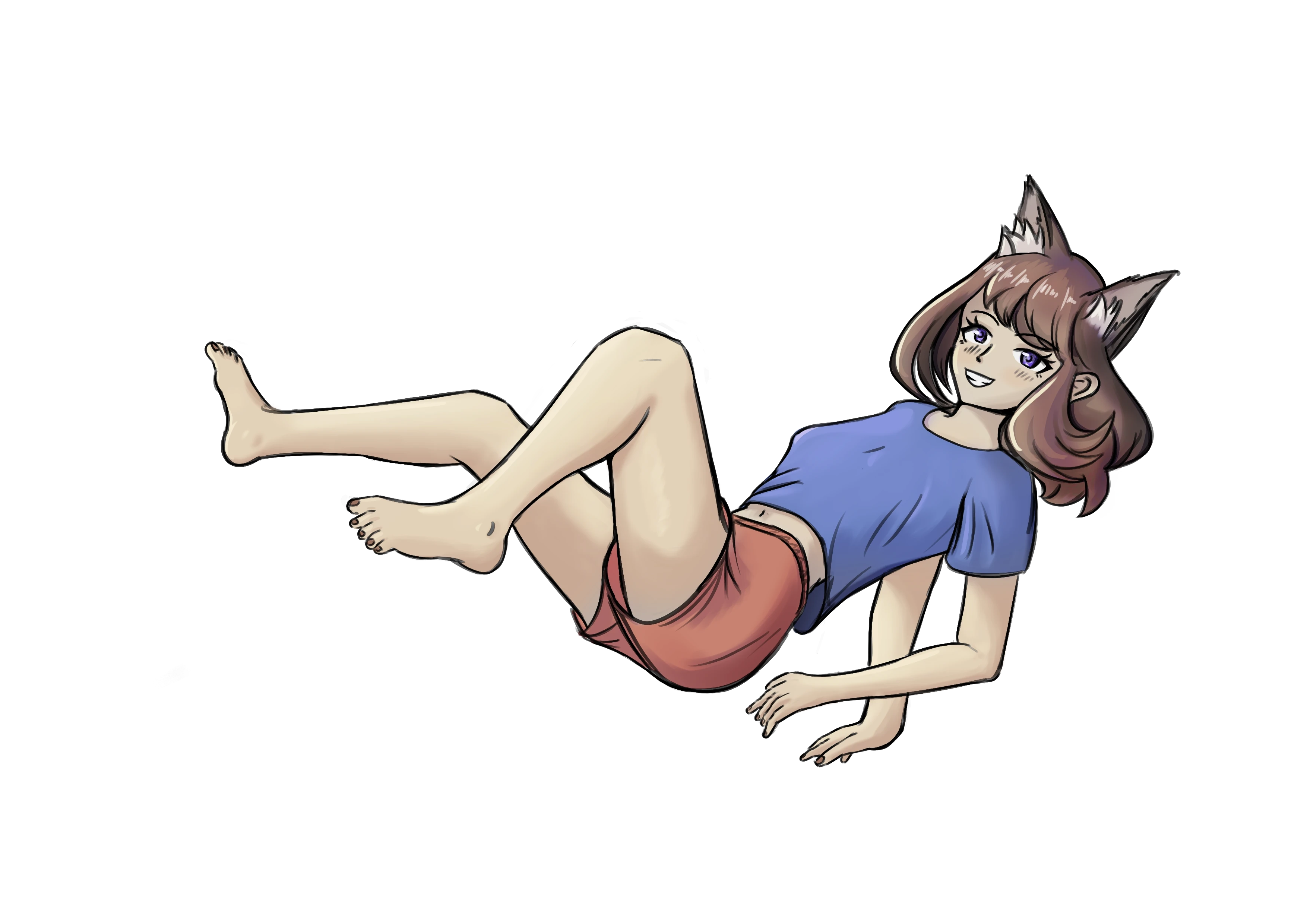 A digital drawing of a foxgirl with brown hair and blue eyes in a horizontal pose, with everything except her right arm being in air, she's smiling at the viewer and wearing a loose blue shirt and shorts.