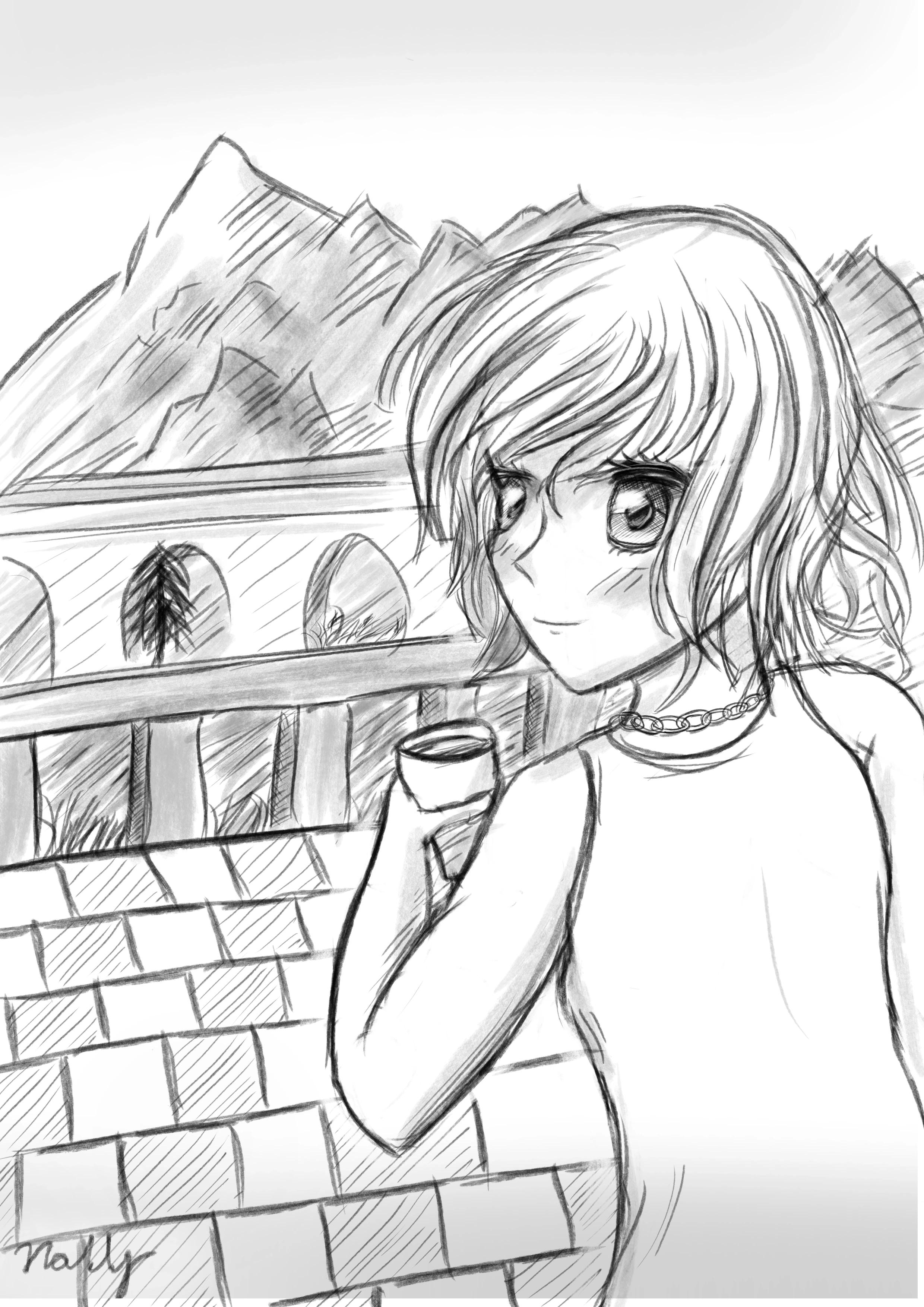 A digital drawing of a woman looking back, holding a water cup; with mountains and a bridge in the background.
