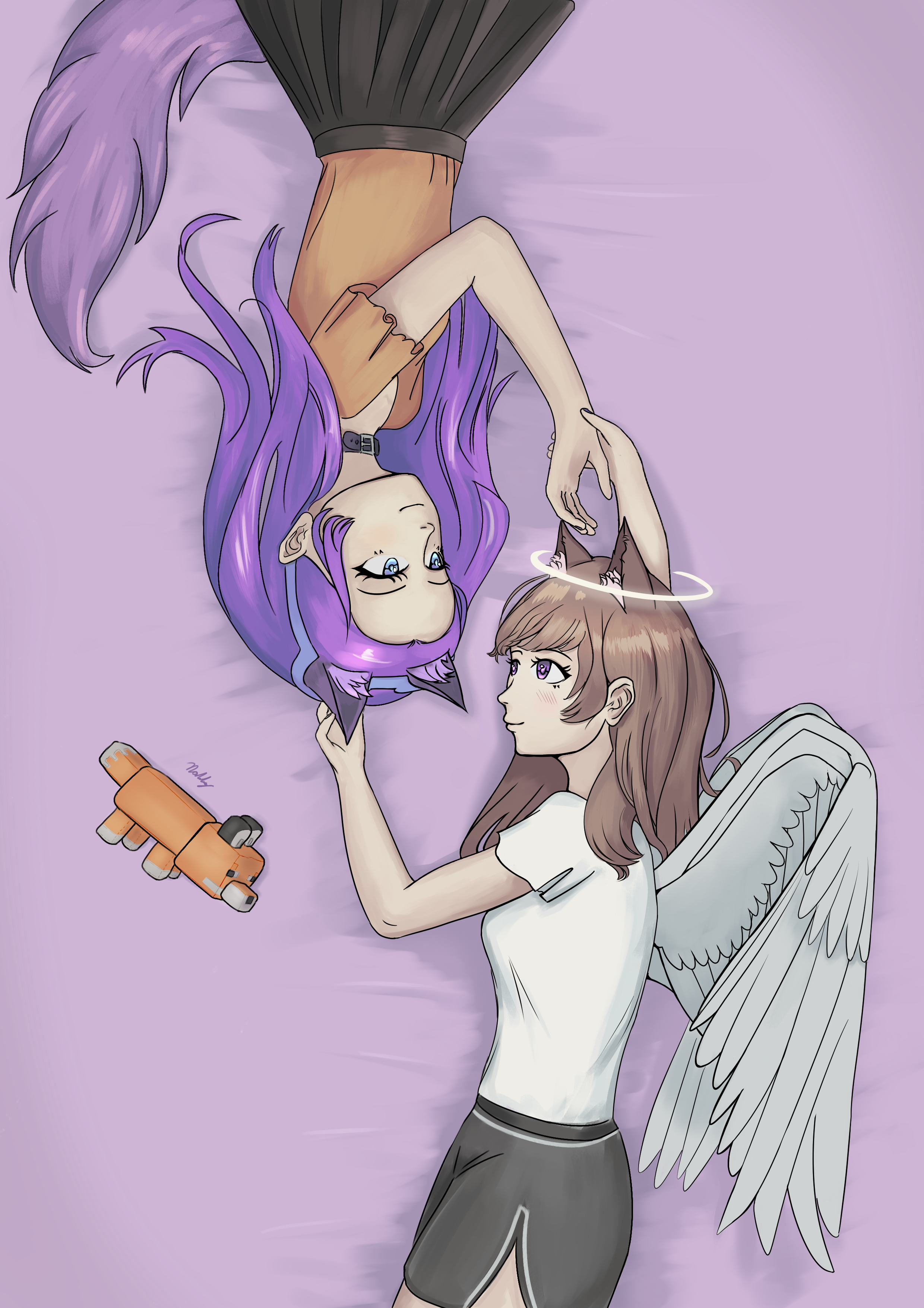 A top-down digital drawing of two girls lying "antiparallel" next to each other, facing one another: a foxgirl with angel wings, angel halo and brown hair (wearing shorts and a white shirt) reaching out to a foxgirl with long purple hair and blue eyes (wearing a skirt, and an alice band with space for fox ears), and a fluffy tail. There's a Minecraft fox plushie lying next to them