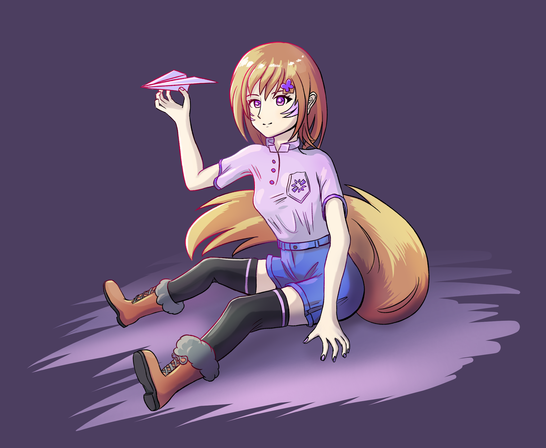A digital drawing of a purple and orange-themed foxgirl holding a paper plane, she is wearing a butterfly hairpin and has the Magnetar logo on her shirt's breast pocket. She is wearing thigh highs and fluffy boots.