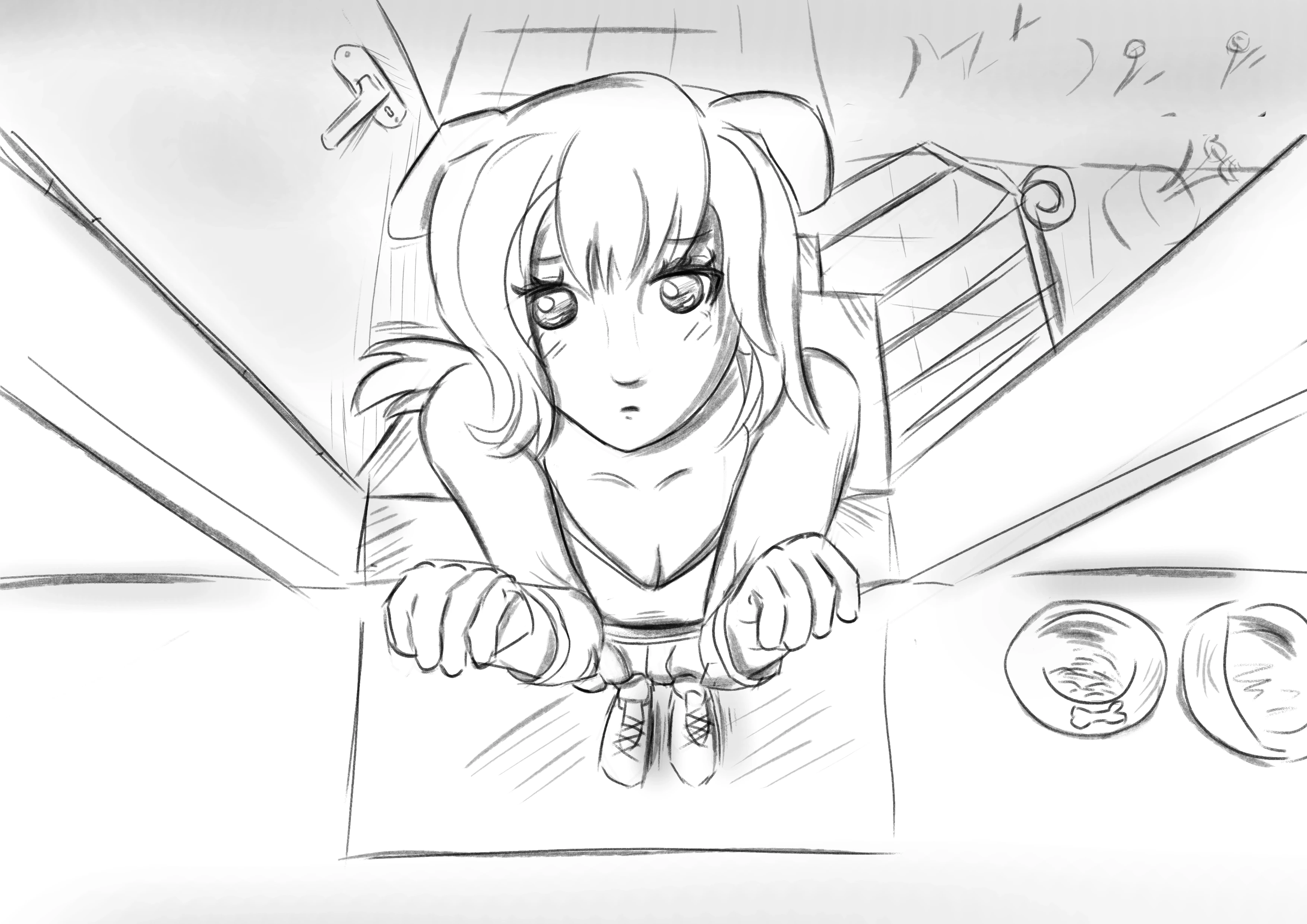 A digital drawing of a doggirl making puppy eyes and pleading at the doorstep, there are food bowls near the door.