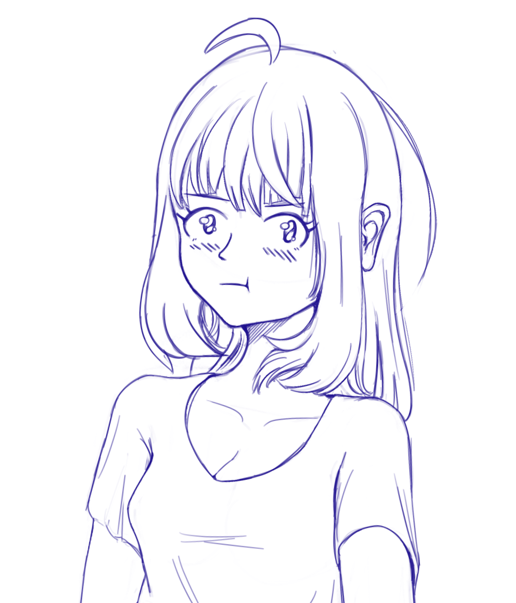 A digital drawing of an anime girl pouting an looking at the viewer somewhat flustered