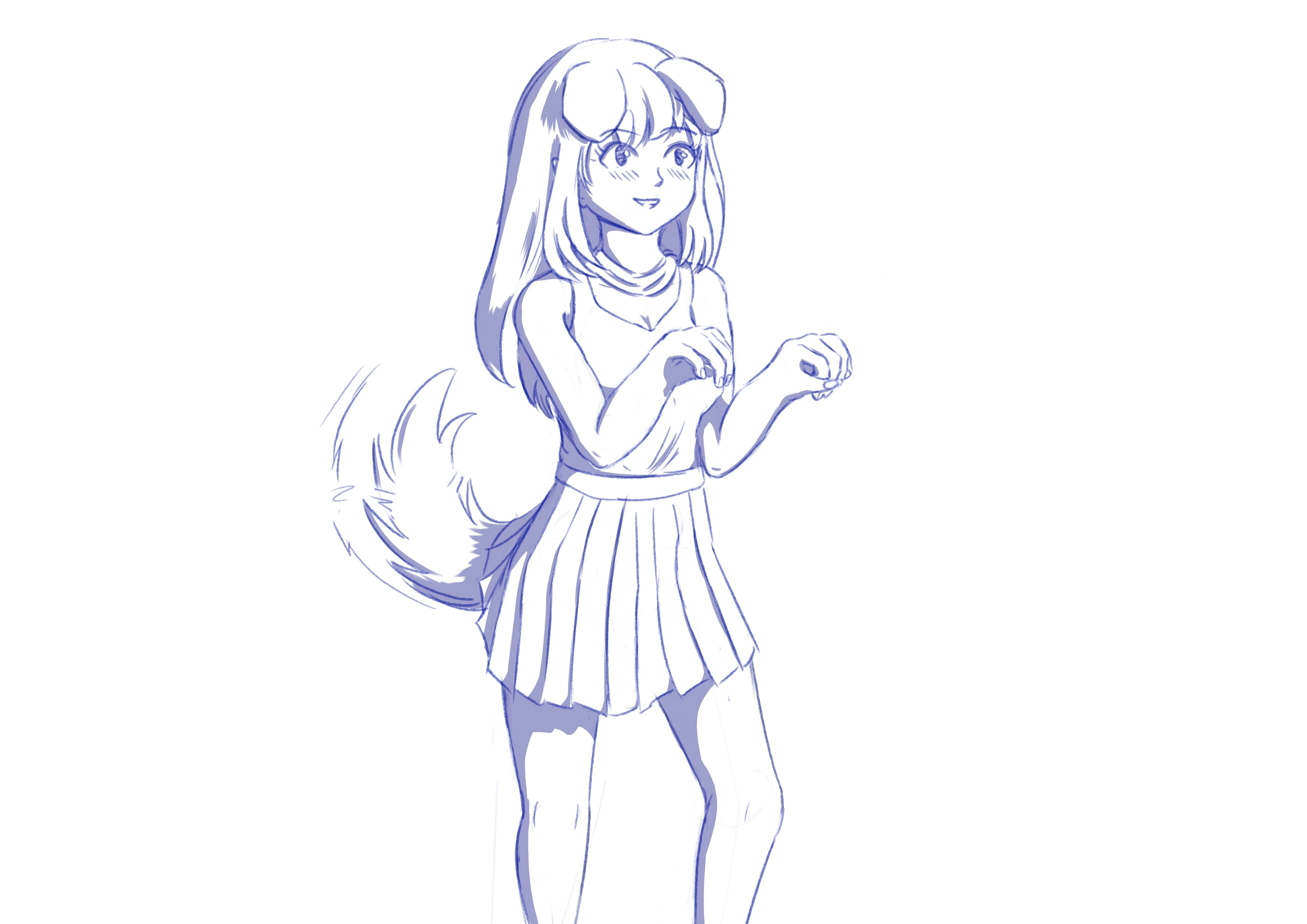 A digital drawing of a puppygirl excitedly wagging a tail with her hands in a "paw" position