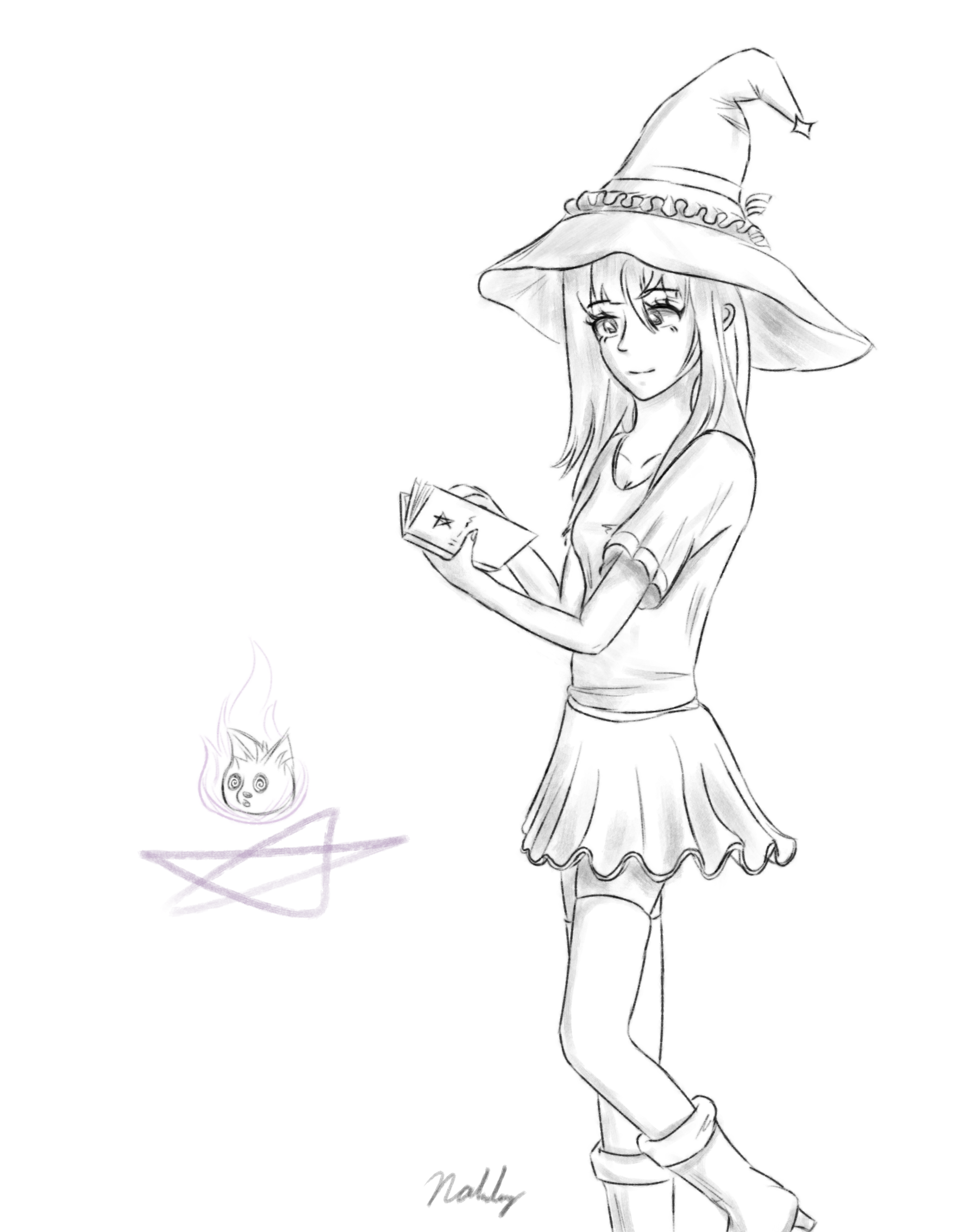 A digital drawing of a standing witch girl standing and reading a demonic book with a dizzy blob fox stuck in a magical fire in the distance.

The witch is wearing a short skirt with thigh highs, and obviously a big hat