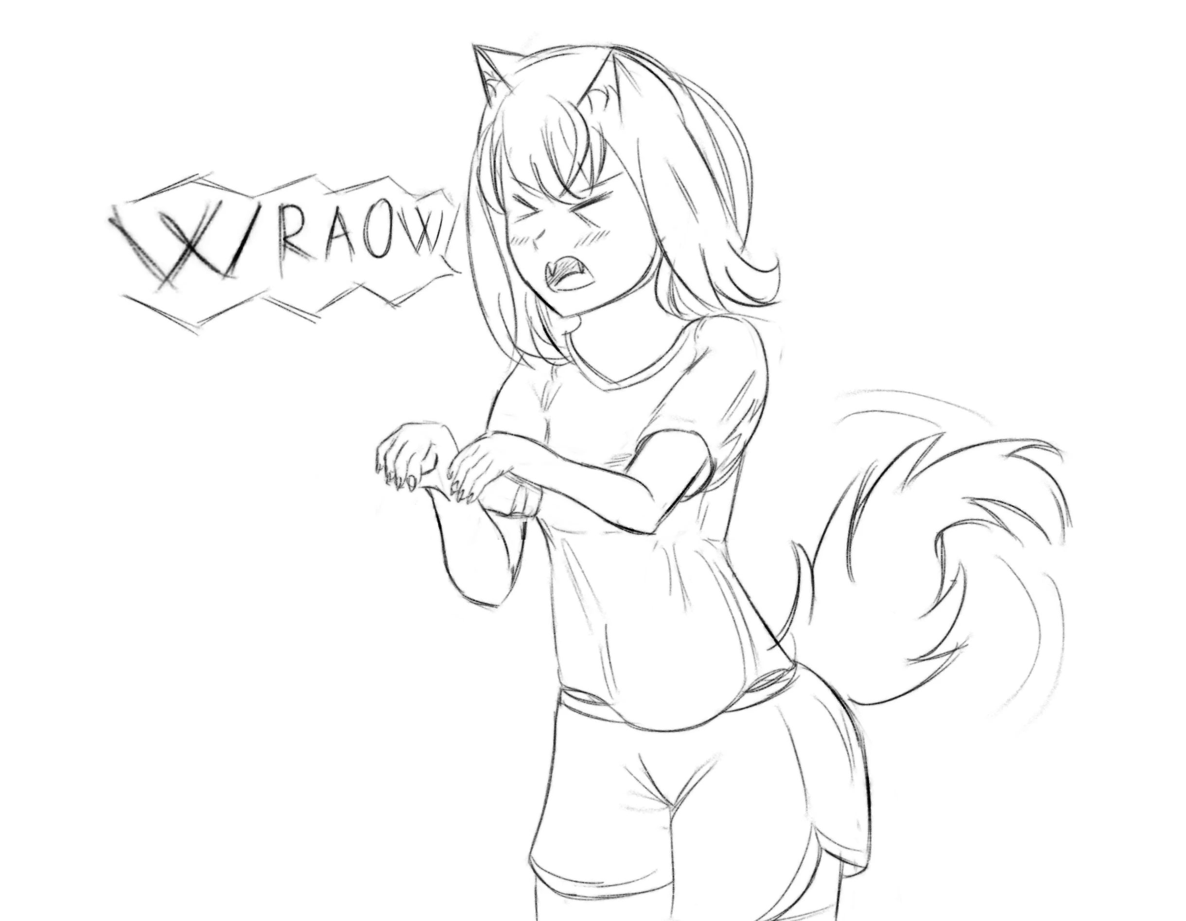 A digital drawing of a foxgirl screaming with her hands in a T-Rex position.