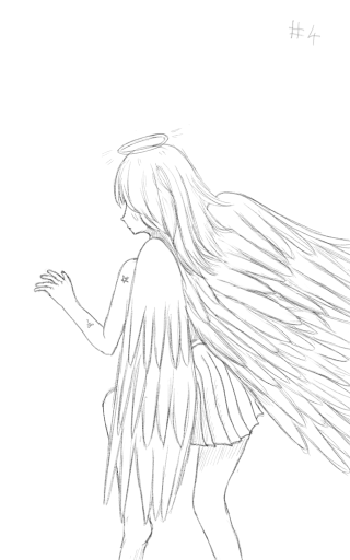 A digital drawing of a distressed angel girl showing from behind, rushing forward to reach something or someone.