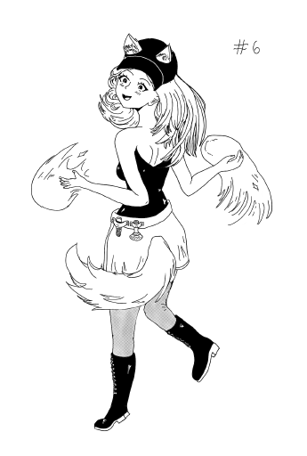 A digital drawing of a foxgirl mage playing with fireballs. She seems suspiciously happy about it. She is wearing a shiny strap-less corset, a cap and big stompy boots. Her belt serves as a holder for potions