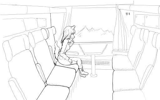 A digital drawing of an anthropomorphic foxgirl riding a train, looking out of the window at the mountains the background.