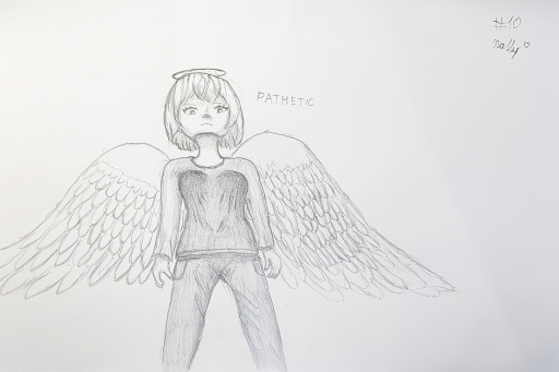 A pencil drawing of an angel from a low angle. She is looking down at the viewer, with the caption "pathetic"