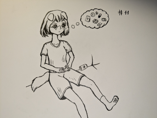 A marker drawing of a puppy-woman holding a game controller while thinking of all the stressful things, like money, time, and medication.
