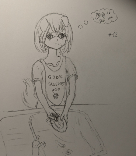 A pencil drawing of the same dog girl as yesterday, she's reluctantly scrubbing a plate doing the dishes, as she is thinking about the things she'd rather be doing (programming, sleeping, gaming, and most importantly lesbian things). She's wearing an apron saying "god's sleepiest dog".