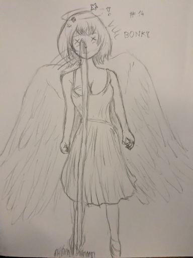 A rough drawing of an angel girl stepping on a rake, getting hit in the head. She's visibly angry.