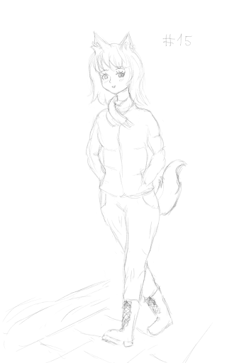 A drawing digital sketch of a foxgirl walking on a sidewalk, wearing winter clothes and a scarf.