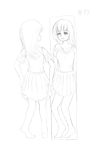 A digital sketch of a girl wearing a dress with a skirt and smiling at the sight of herself in the mirror. She's gently lifting up her skirt.