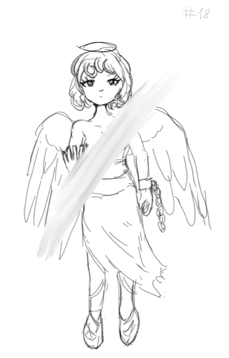 A very quick and messy sketch of an angel girl with a chain on her arm, reaching out with the other hand. There is a blurry streak across the screen.