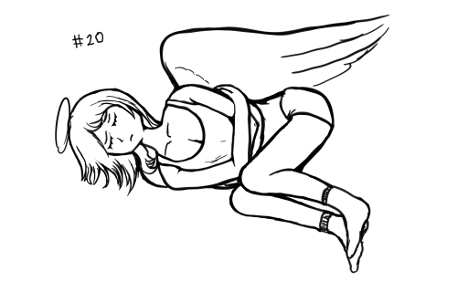 A digital drawing of an angel girl lying in a fetal position, with closed eyes.