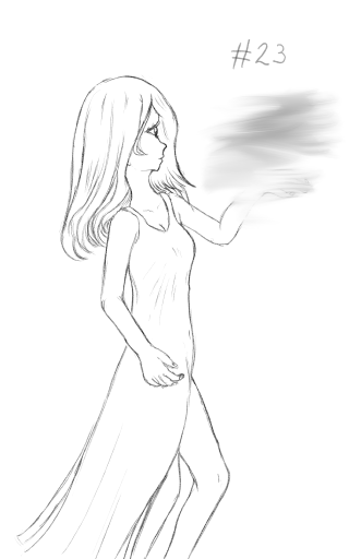 A digital drawing of a woman wearing a dress attempting to reach forward, however there is a thick fog ahead.