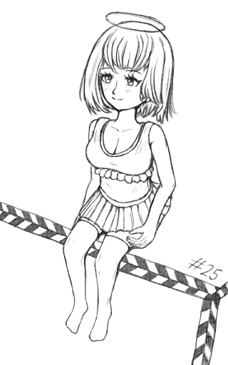 A digital drawing of a girl sitting on a ledge of a concrete platform marked by warning stripes. She's wearing a skirt, frilled top, and thigh highs. She has a halo today.