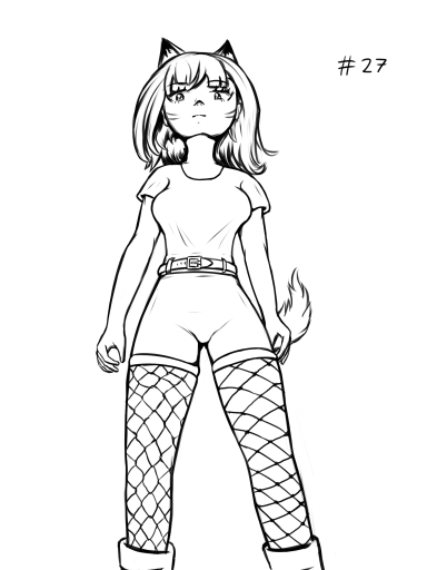 A long angle drawing of a foxgirl looking down on the viewer. She is wearing fishnets, different pattern on each.