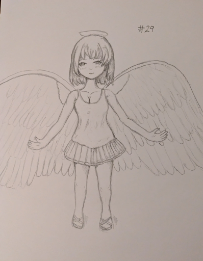 A pencil drawing of an angel girl standing, arms and wings spread wide as to look powerful.