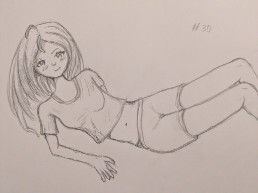 A pencil drawing of a girl in a crop top and shorts lying and leaning against her right arm, looking at the viewer.