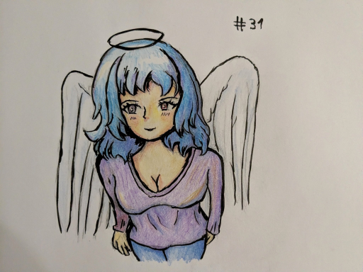 A marker and pencil drawing of an angel girl with above. She has vibrant blue hair and a purple blouse with jeans.