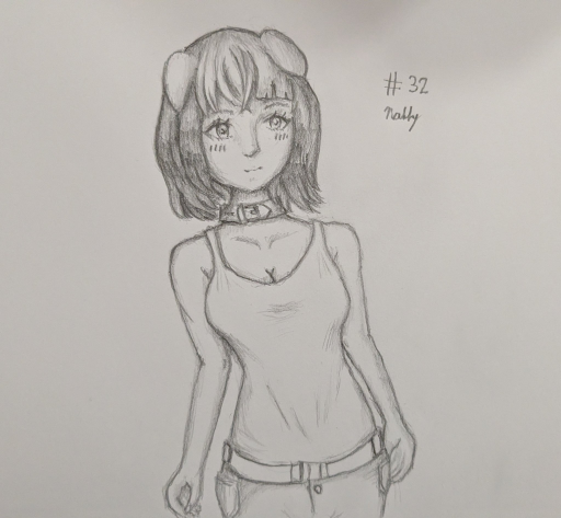 A shaded pencil drawing of a puppygirl wearing a tank top and jeans. She's mildly blushing and looking content.