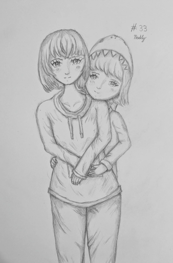 A shaded pencil drawing of two people standing and looking towards the viewer.

The taller one is androgynous and wearing an oversized hoodie and comfy pants, while the shorter one is a girl peeking from behind and wearing a shark onesie, wrapped around the taller one.