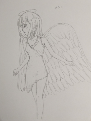 A pencil drawing of an angel girl with majestic wings wearing a dress, pondering something out of frame.