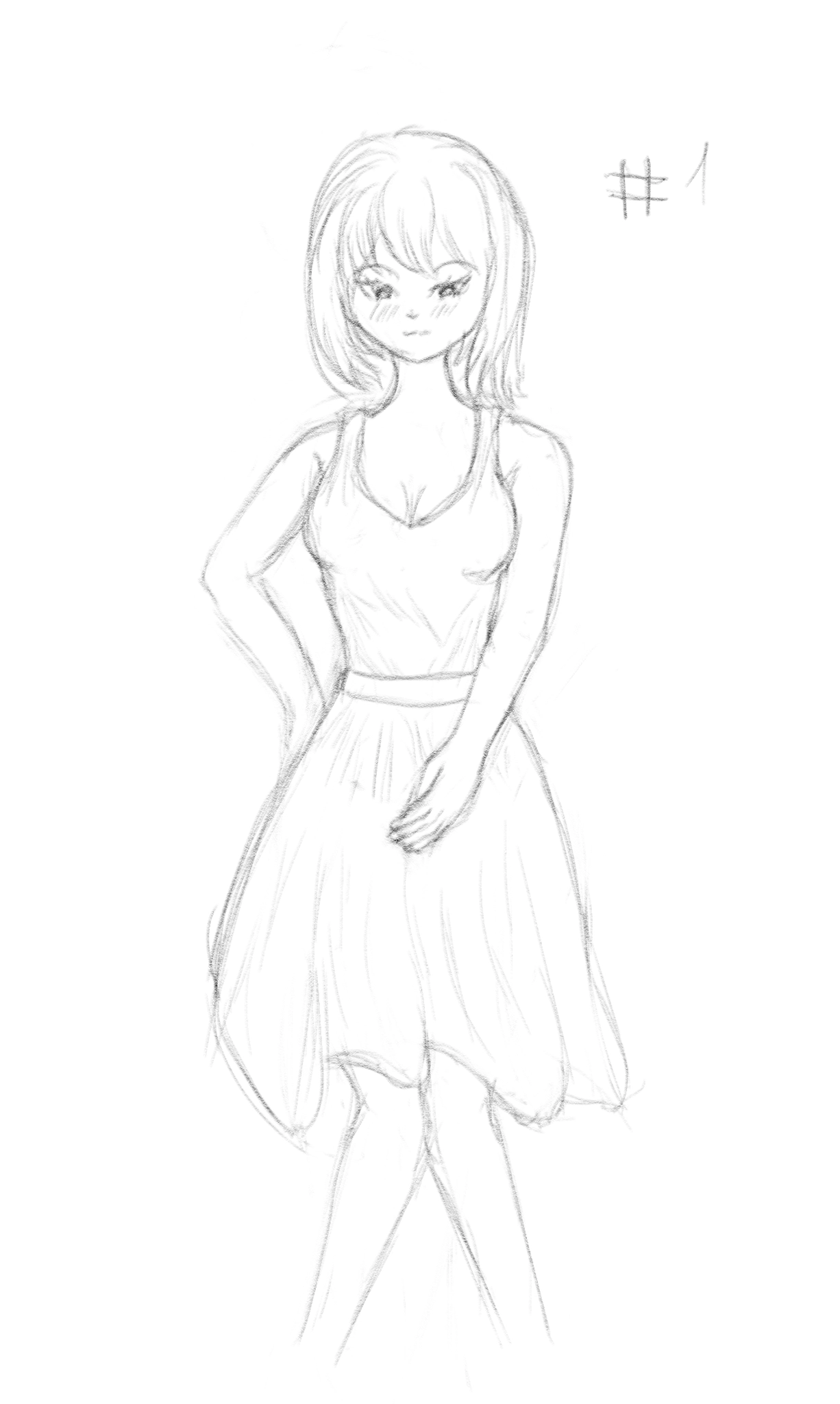 A digital sketch of a woman wearing a dress, being visibly shy.