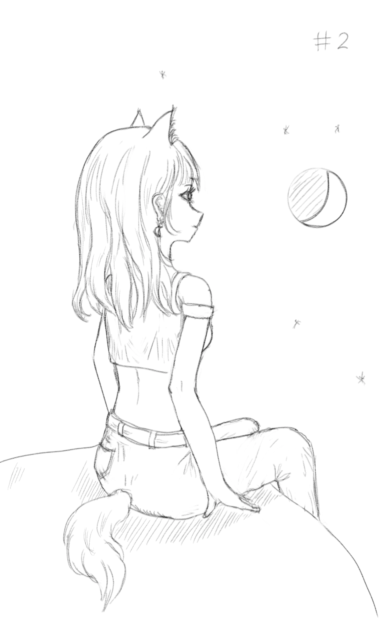A digital drawing of a foxgirl at night, sitting on a ledge and looking and the moon.