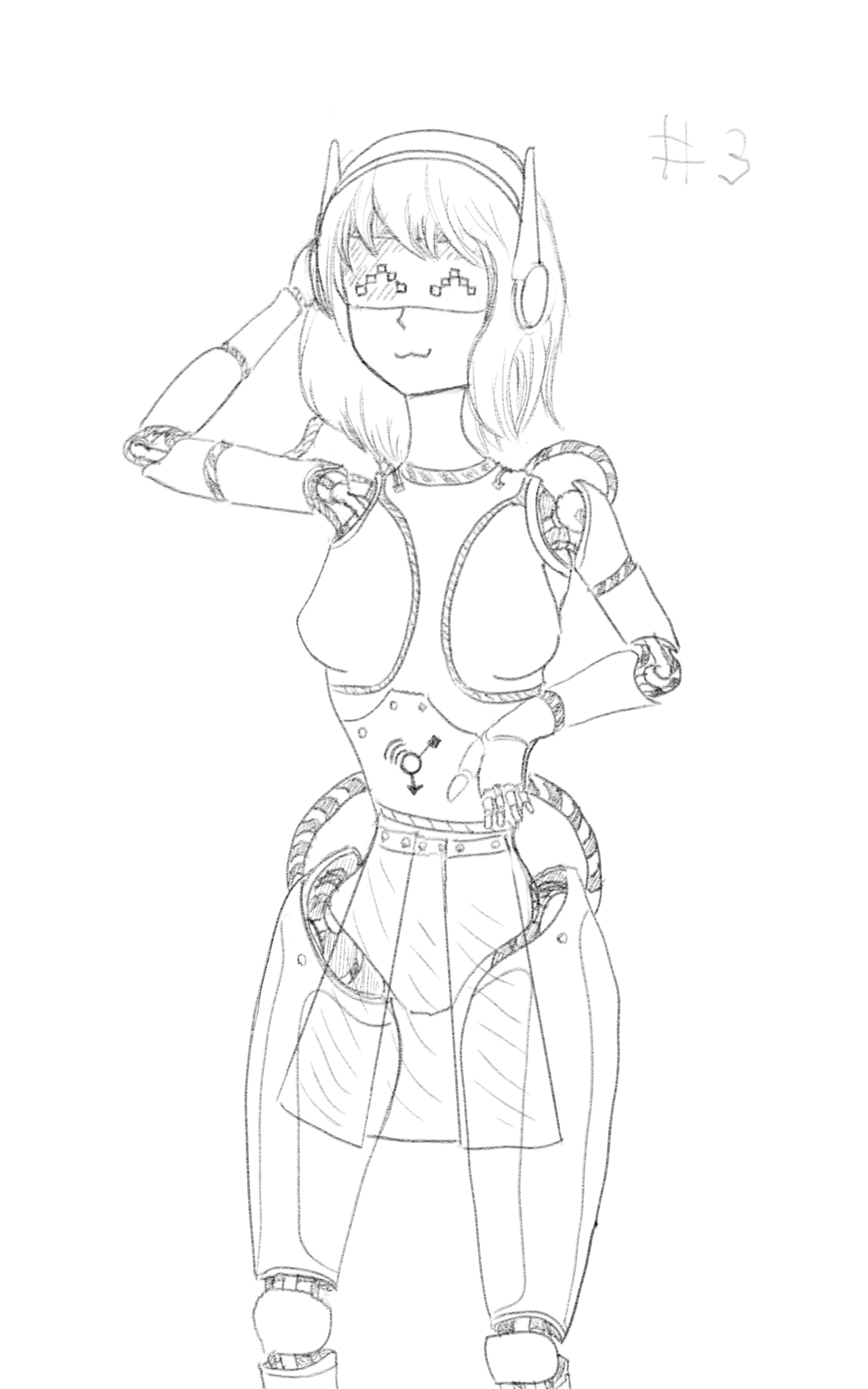 A digital drawing of a robot girl with a visor, listening to music on her headphones. Her ball joints and some wires are visible.