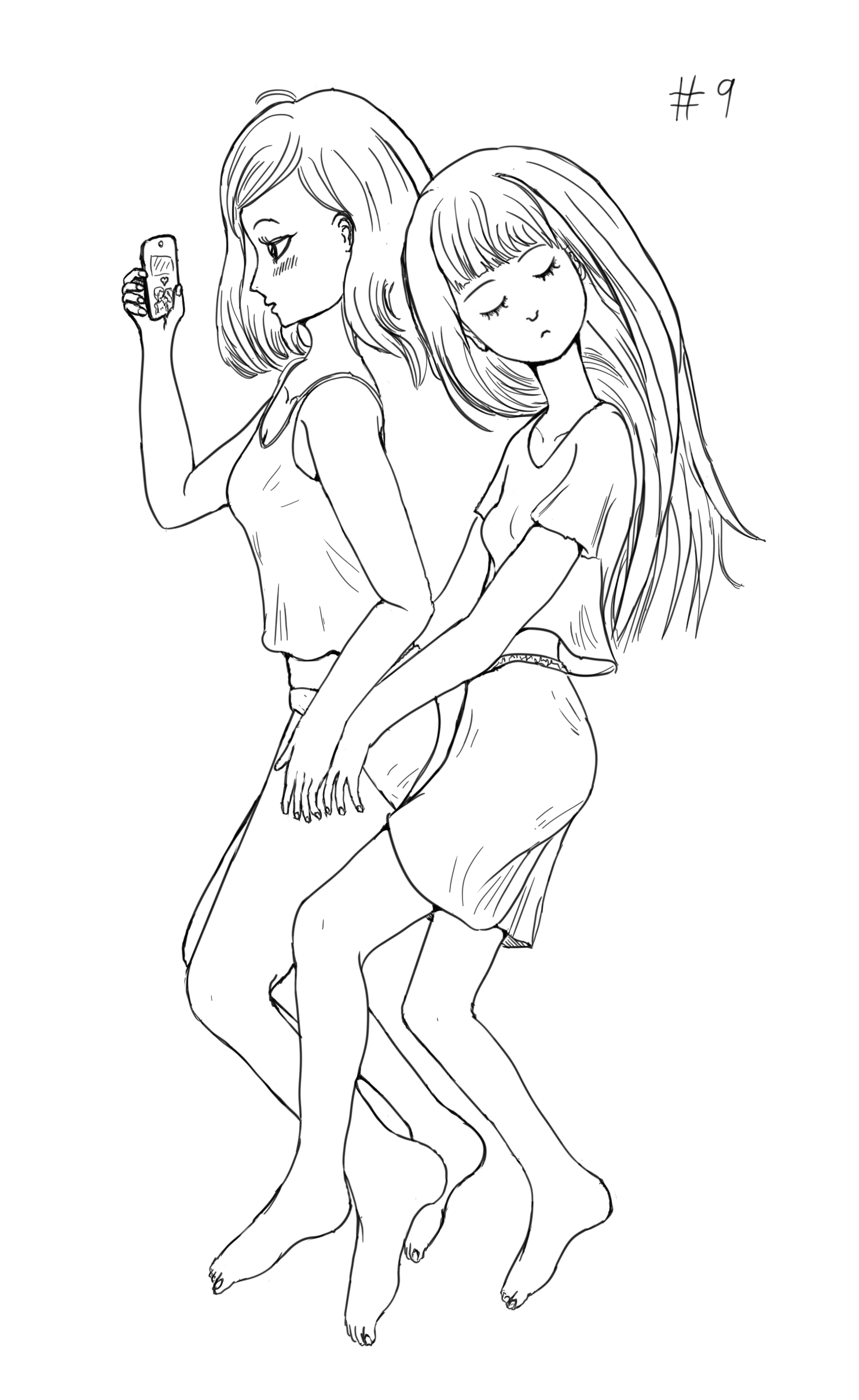 A digital drawing of two girls lying in bed spooning, the big spoon girl is sleeping while the little spoon girl is reading yuri romance on her phone.