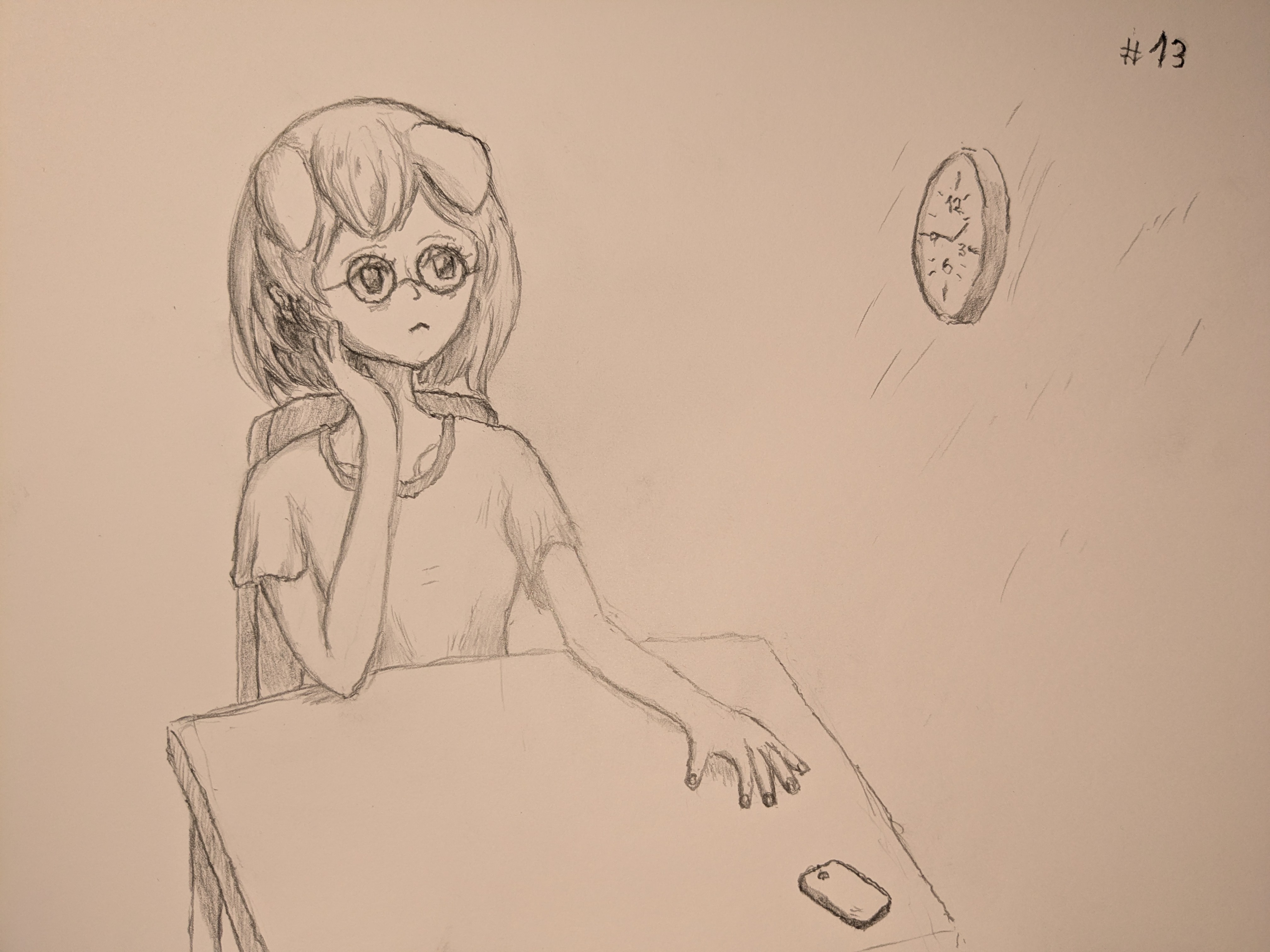 A drawing of once again the same doggirl with glass, sitting at a table, waiting for something anxiously.