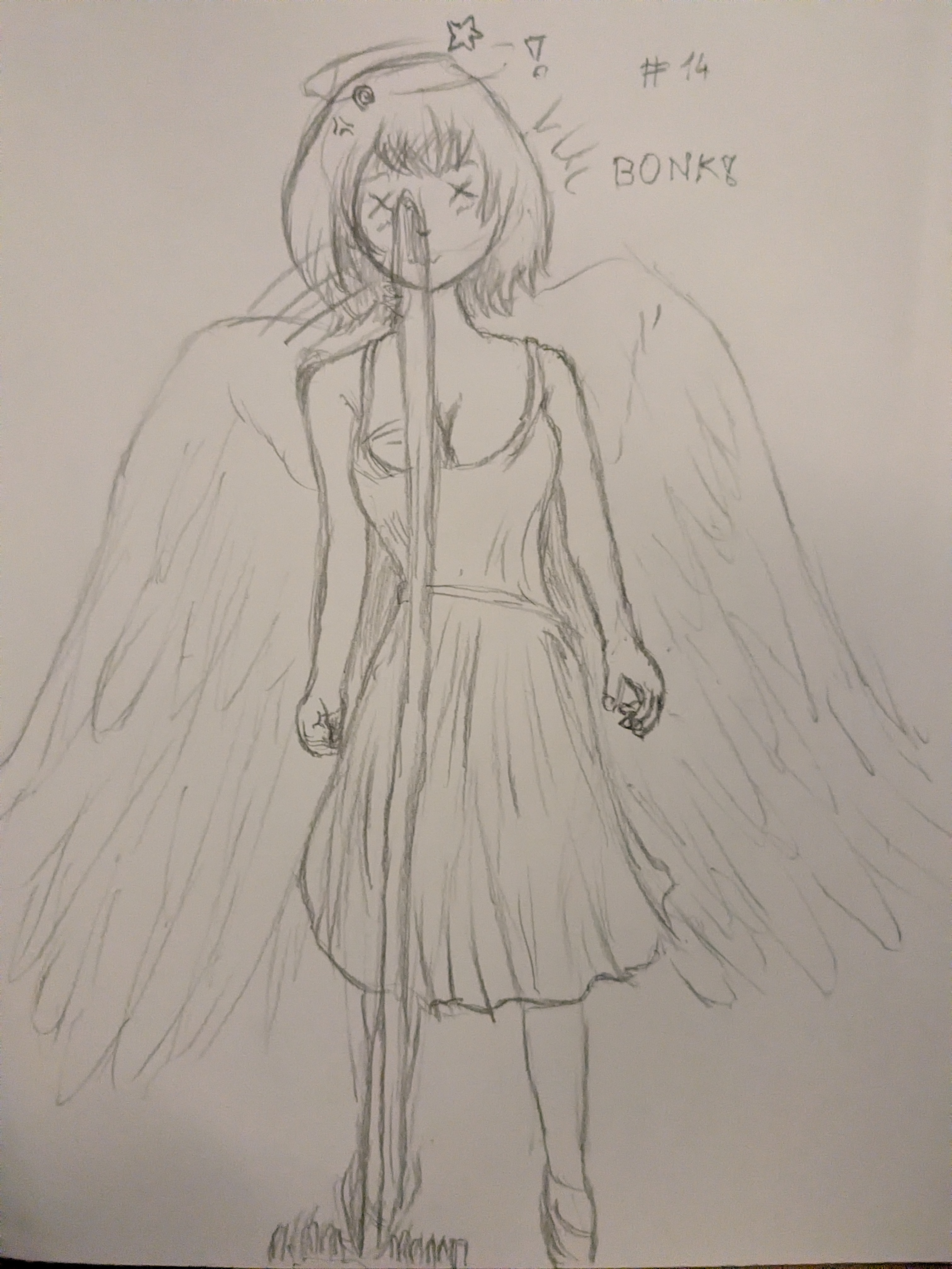 A rough drawing of an angel girl stepping on a rake, getting hit in the head. She's visibly angry.