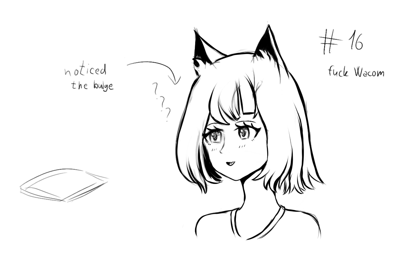 A digital drawing of a foxgirl looking surprised as she notices her drawing tablet has bulged due to the battery inside degrading. There is an arrow pointing to her saying "noticed the bulge" and the image is captioned with "fuck Wacom".
