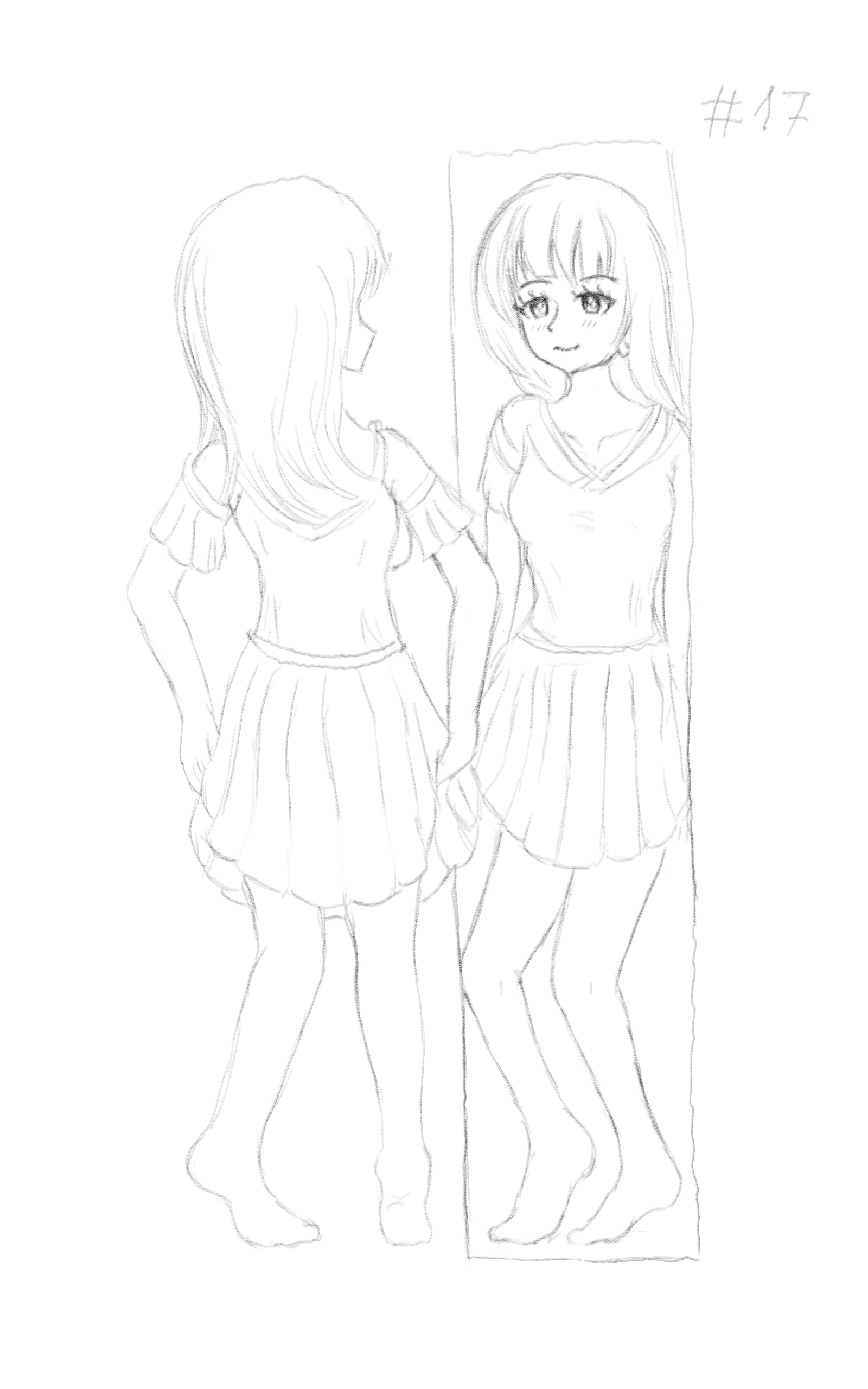 A digital sketch of a girl wearing a dress with a skirt and smiling at the sight of herself in the mirror. She's gently lifting up her skirt.