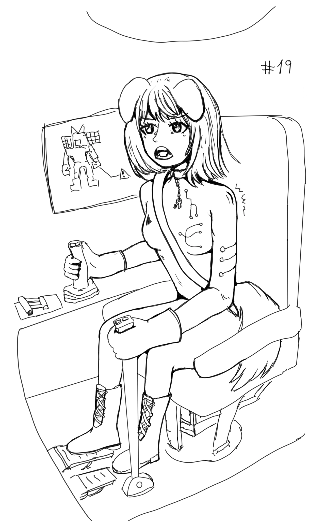A drawing of a cockpit view of a puppygirl piloting a mech using a sidestick, pedals, and one lever. She is visibly filled with rage with a hint of desperation and wearing a high tech jumpsuit, with her keyring attached to her collar.